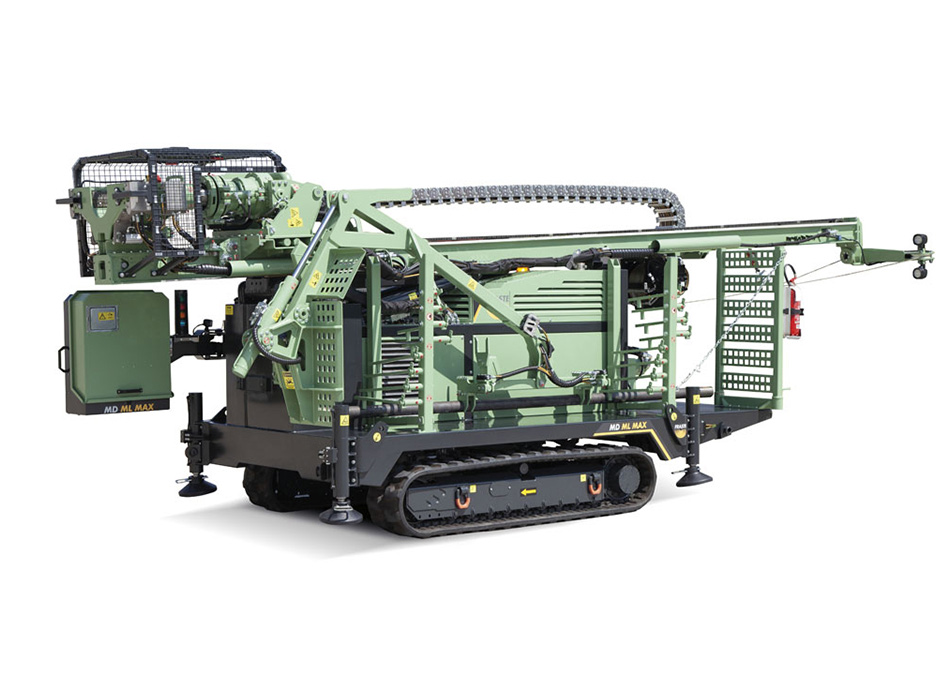 Fraste ML MAX compact crawler drilling rig on white background displaying full equipment profile.