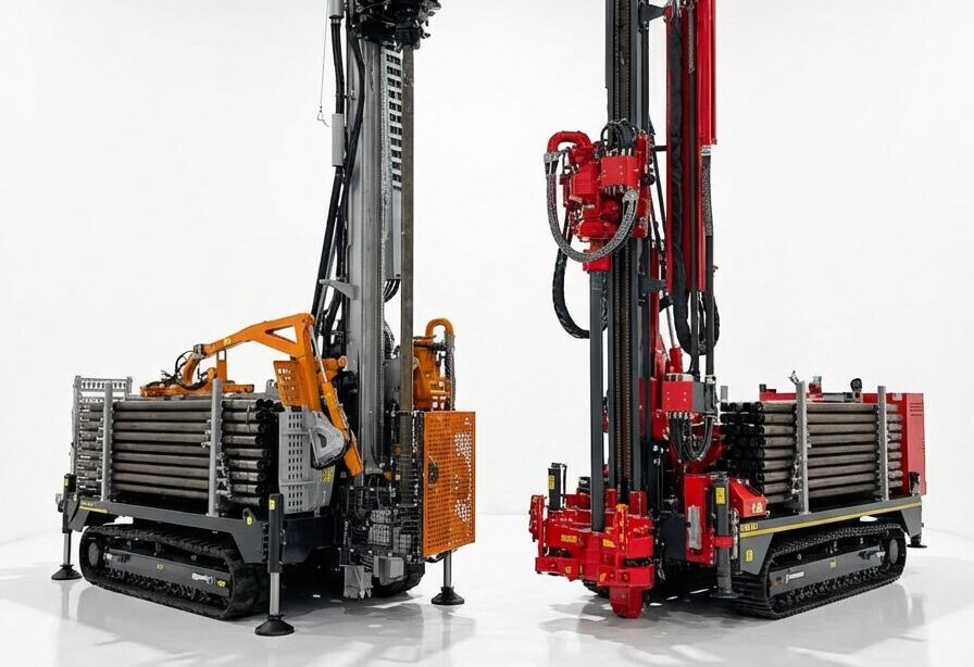 Comparison of geothermal drill rigs FRASTE ML MAX and FRASTE FS 250 showing compact versus high capacity drilling equipment